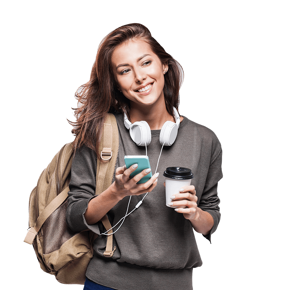 young woman with earphones, coffee and a smartphone smiling 