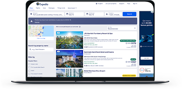 Laptop displaying Expedia website