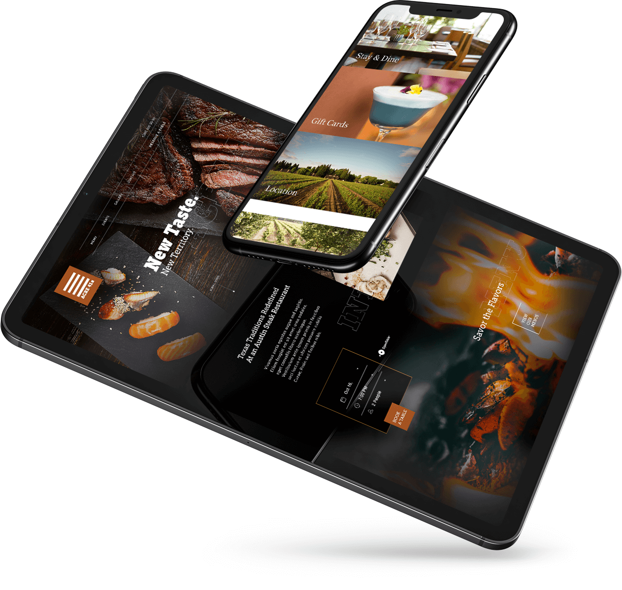 floating mobile devices with different food and beverage sites on the screen